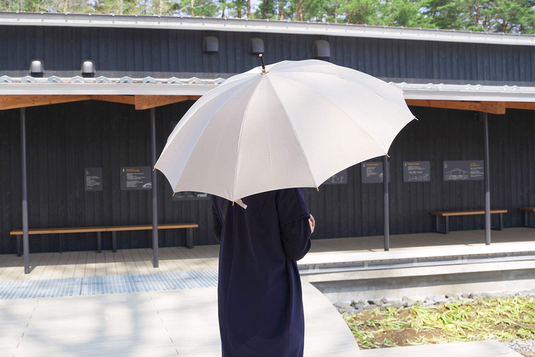 薄いベージュ色のレディース傘を差す女性