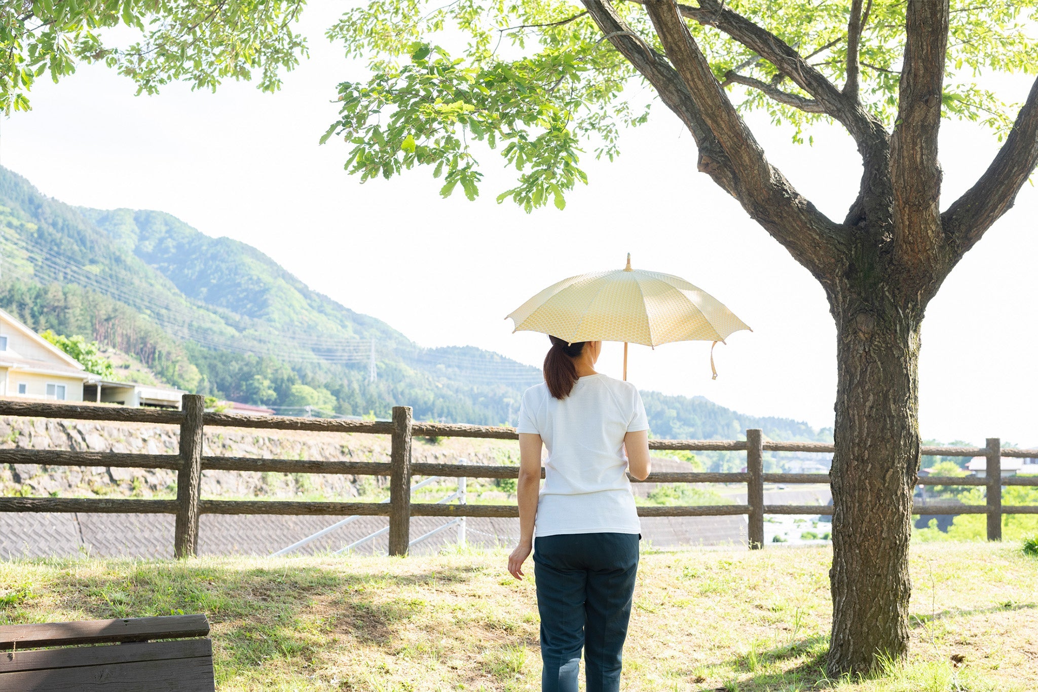 黄色の日傘を差す女性