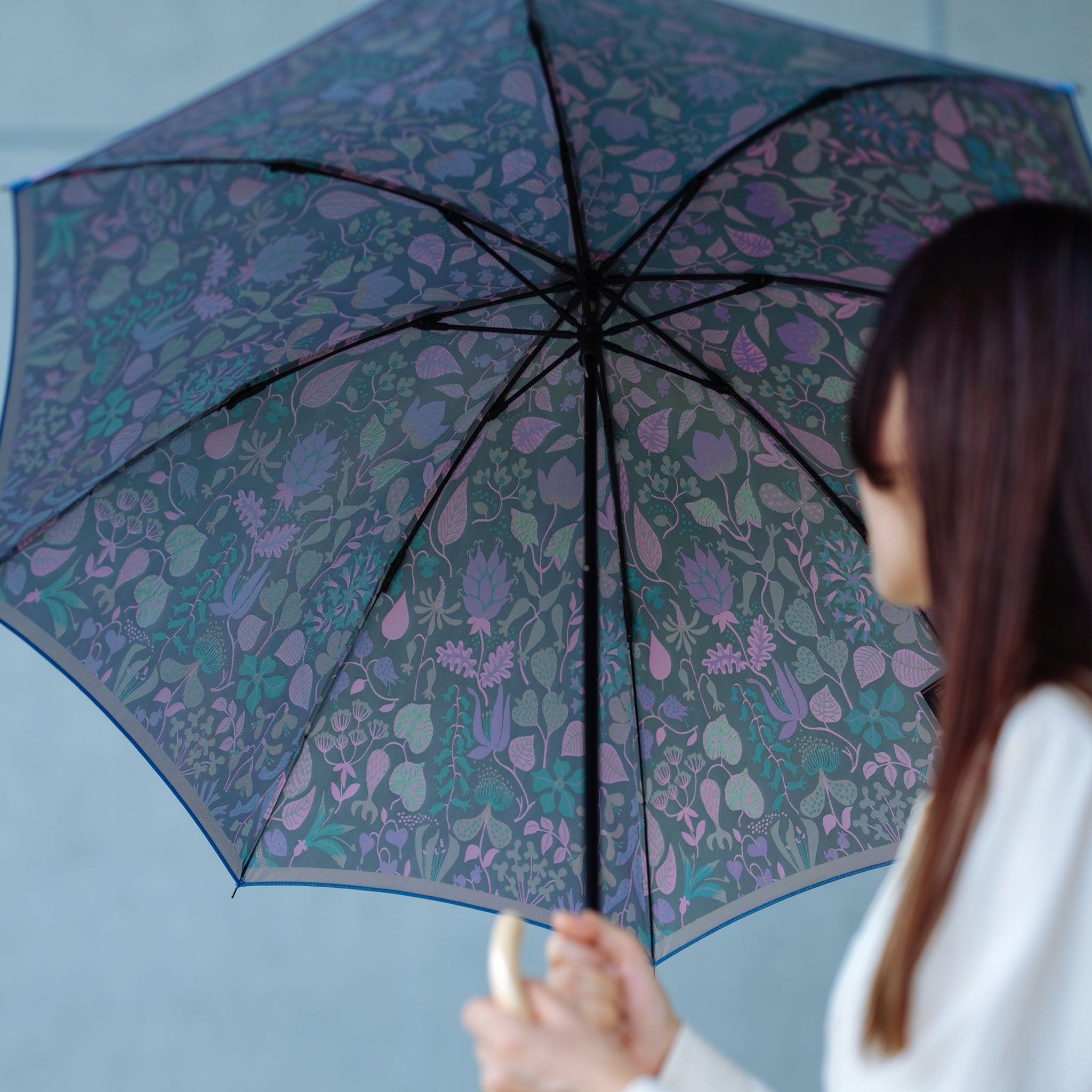 晴雨兼用 レディース Stig L. HERBARIUM ライトブルー 折りたたみ傘 内側