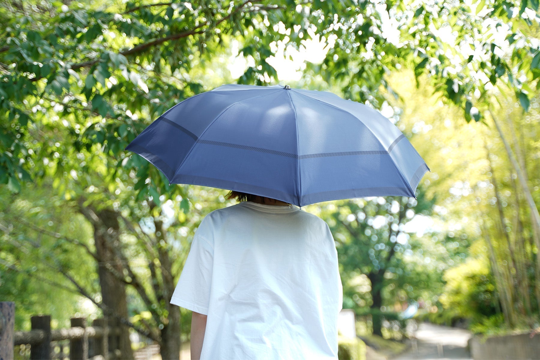 遮熱糸を使用したブルー系の晴雨兼用日傘を差す女性