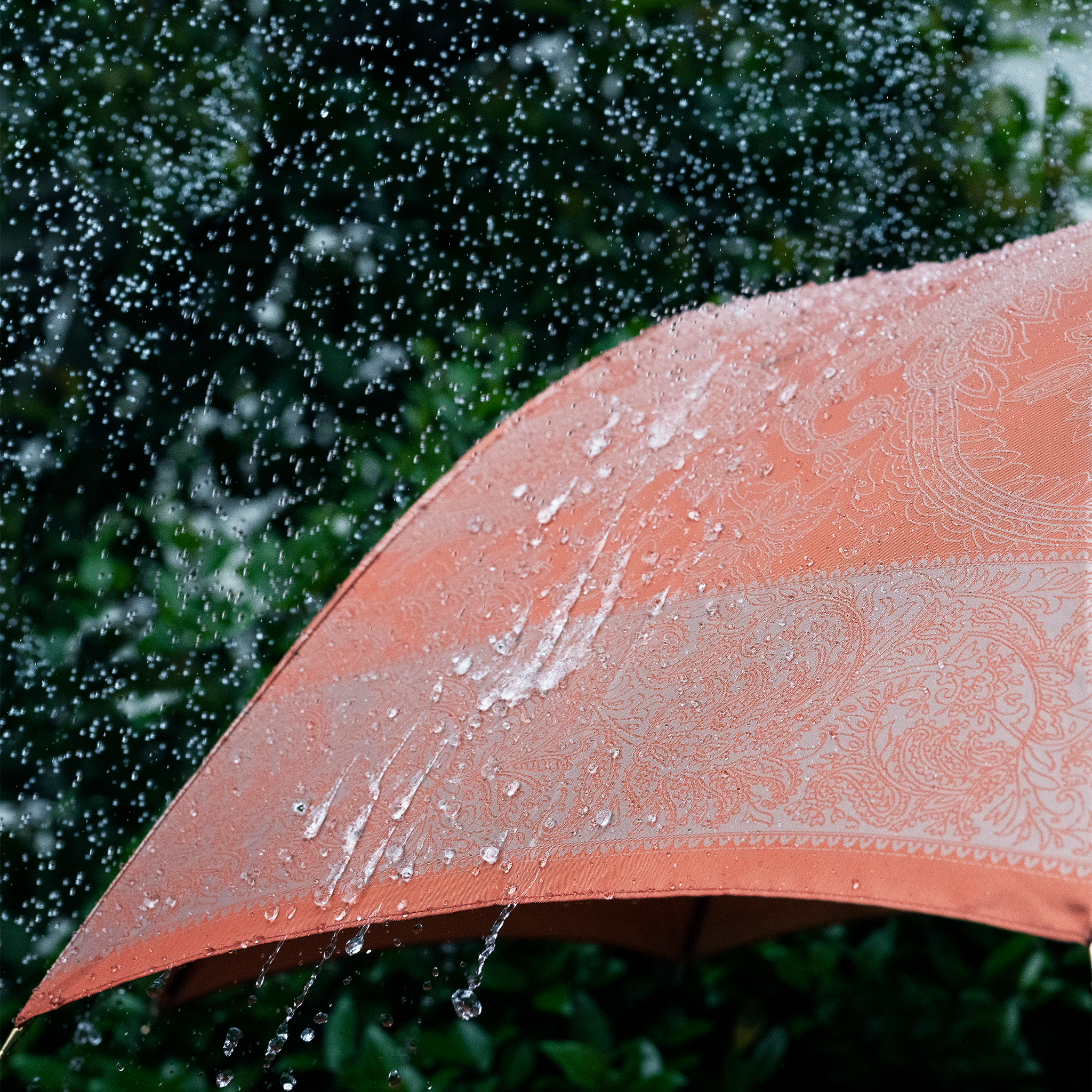 オレンジ色の傘が雨水を弾く様子