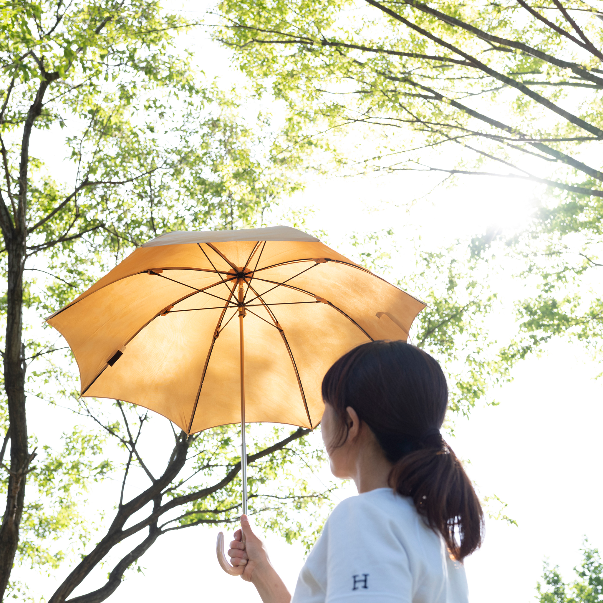 黄色の日傘を差す女性