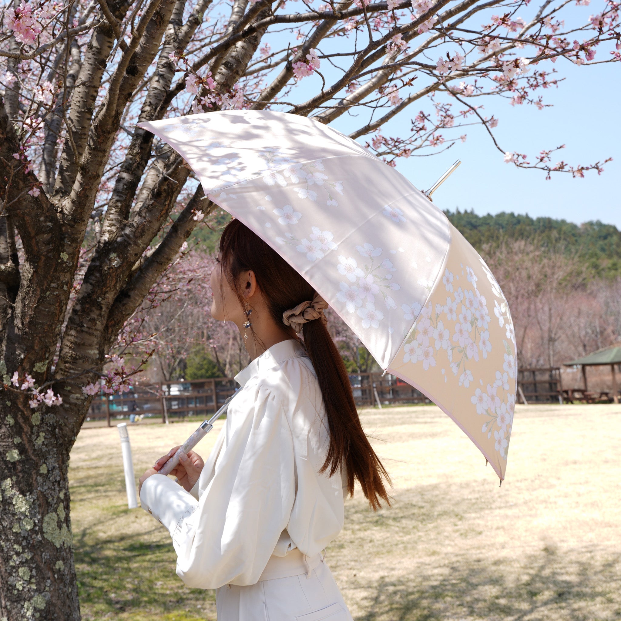 人気の桜柄を織り描いたレディース長傘！晴雨兼用雨傘8本骨60cm