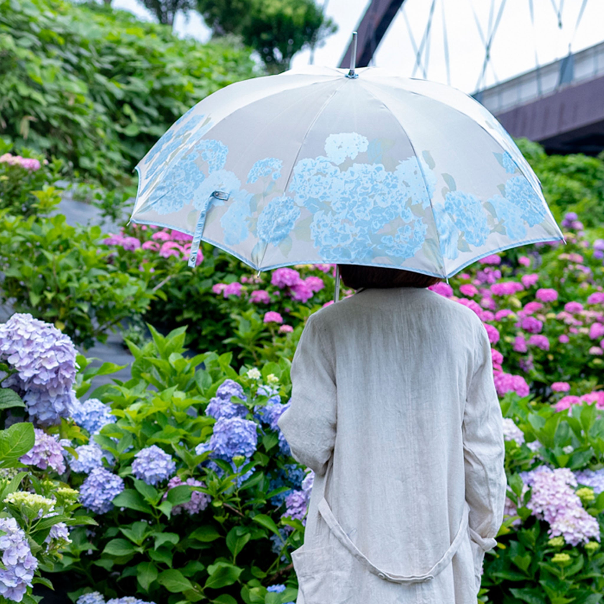 晴雨兼用　レディース　絵おり　紫陽花　ブルー　長傘　使用イメージ