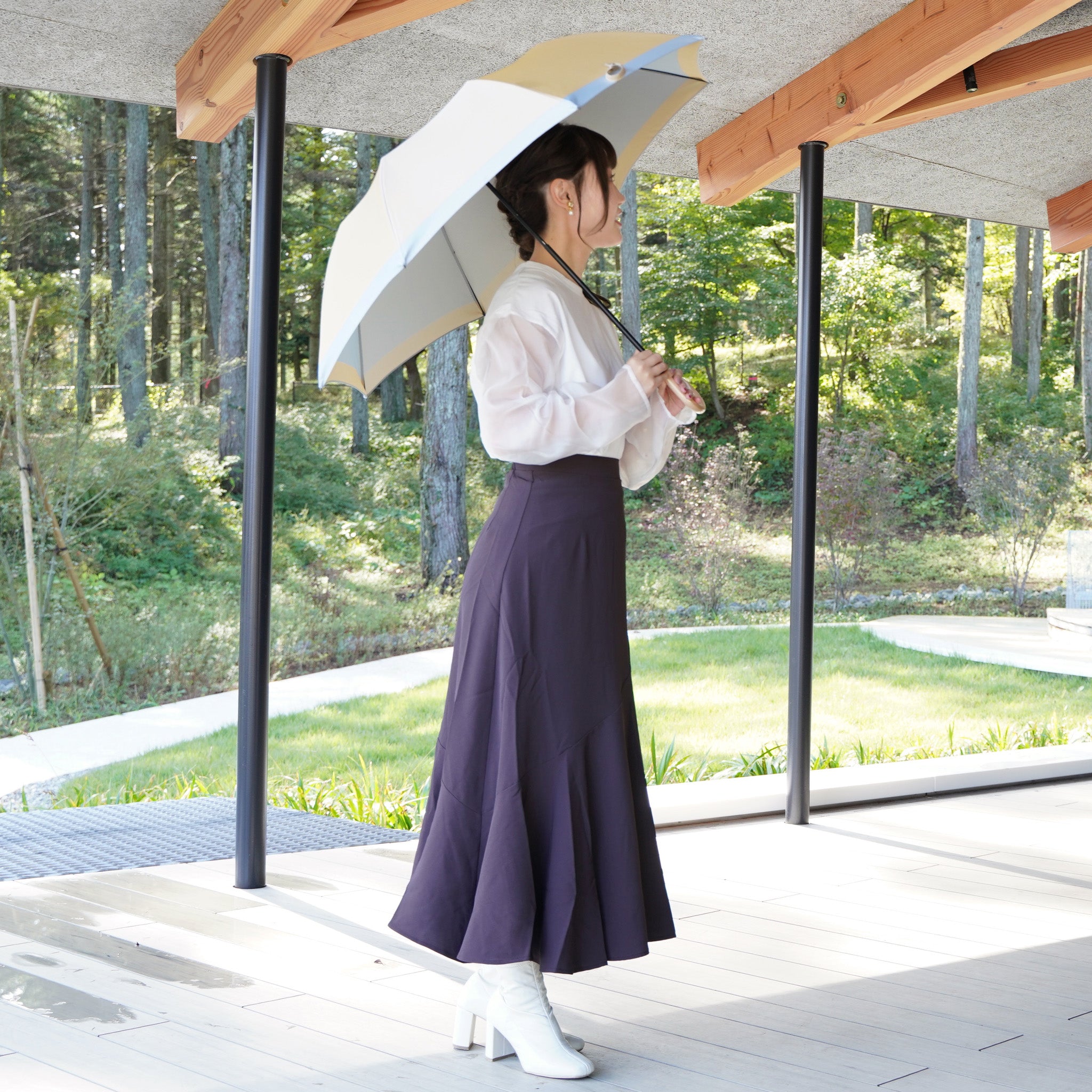 晴雨兼用　レディース　SCENE　グログランシャンブレー　ベージュ　折りたたみ傘　サイズイメージ