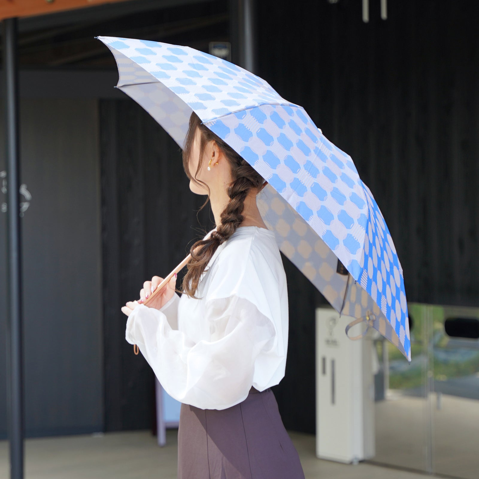 槙田商店　高級傘　晴雨兼用　日本製　ブルー　北欧　定価19,800円 Stig L】先染め織物の高級傘 55cm 晴雨兼用折りたたみ傘