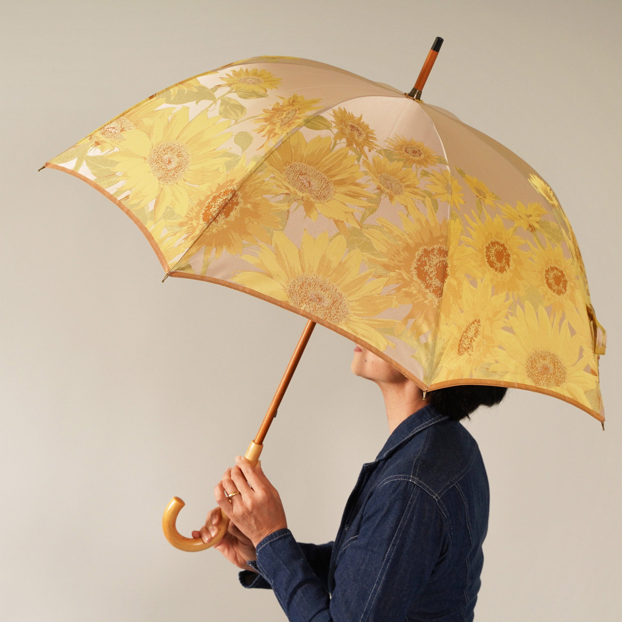 向日葵柄 晴雨兼用傘 55cm 甲州織 槇田商店 愛される向日葵柄のレディース長傘！晴雨兼用雨傘8本骨60cm