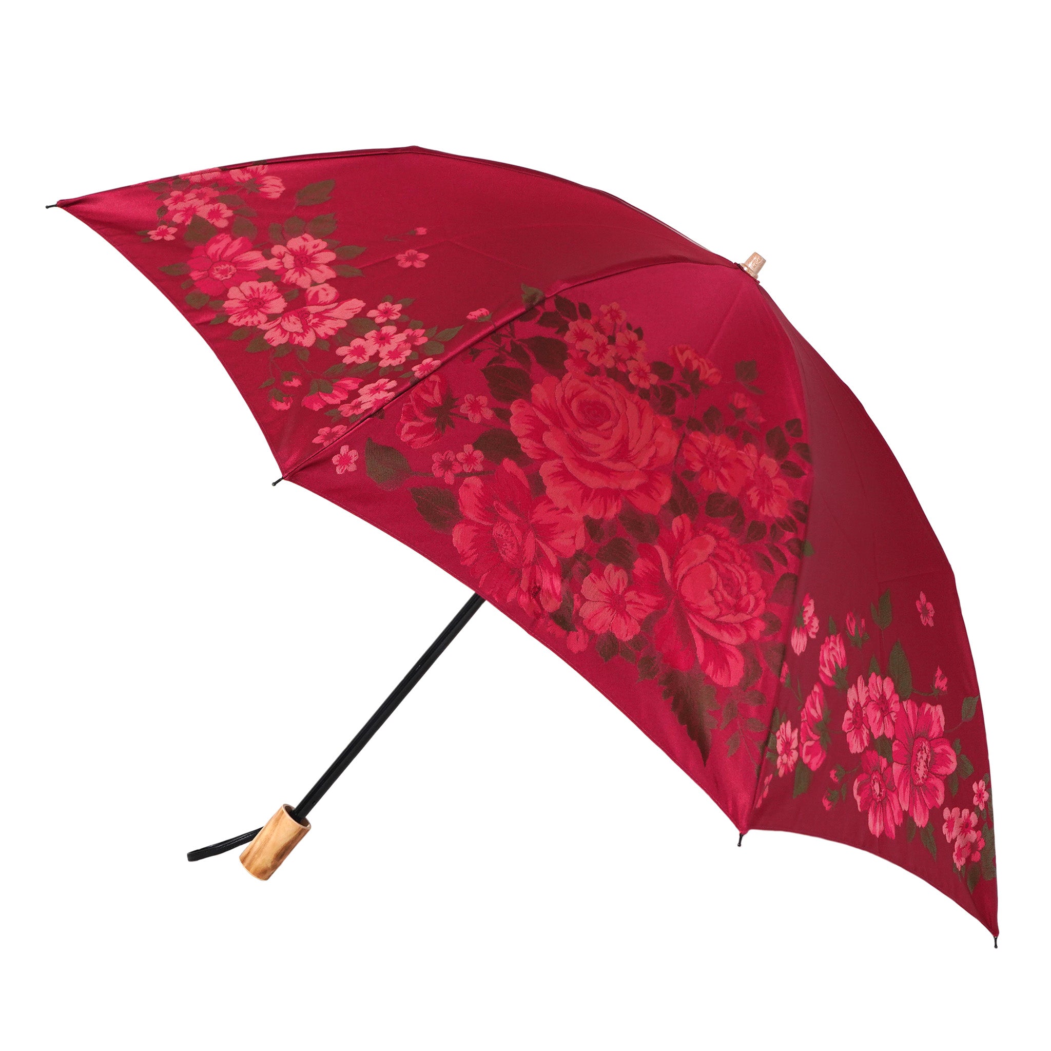 晴雨兼用　レディース　絵おり　大バラ　レッド　折りたたみ傘